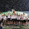 Các cầu thủ CLB Hà Nội vui mừng khi giành ngôi vô địch V-League 2022. (Ảnh: Tuấn Anh/TTXVN)