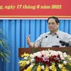 Thủ tướng Phạm Minh Chính phát biểu kết luận buổi làm việc với Ban Thường vụ Tỉnh ủy An Giang. (Ảnh: Dương Giang/TTXVN)