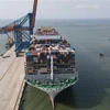 Siêu tàu container M/V OOCL SPAIN tại cảng Gemalink (cụm cảng Cái Mép -Thị Vải, thị xã Phú Mỹ, tỉnh Bà Rịa-Vũng Tàu). (Ảnh: Huỳnh Sơn/TTXVN)