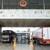 Xe chở quả vải tươi chờ làm thủ tục tại Cửa khẩu Quốc tế Đường bộ số 2 Kim Thành xuất khẩu sang Trung Quốc. (Ảnh: Quốc Khánh/TTXVN)