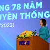 Tổng Giám đốc TTXVN Vũ Việt Trang phát biểu tại buổi lễ. (Ảnh: Hoàng Hiếu/TTXVN)