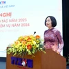 Bà Vũ Việt Trang, Bí thư Đảng ủy, Tổng Giám đốc TTXVN, phát biểu. (Ảnh: Phạm Kiên/TTXVN)