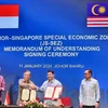 Bộ trưởng Kinh tế Malaysia Rafizi Ramli (thứ 2 từ phải sang) và Bộ trưởng Thương mại và Công nghiệp Singapore Gan Kim Yong ký biên bản ghi nhớ thành lập Đặc khu Kinh tế Johor-Singapore. (Nguồn: Bernama)