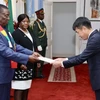 Đại sứ Hoàng Sỹ Cường trình Thư ủy nhiệm của Chủ tịch nước lên Tổng thống Zimbabwe Emmerson Mnangagwa. (Ảnh: TTXVN phát)