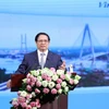 Thủ tướng Phạm Minh Chính phát biểu tại Hội nghị công bố Quy hoạch tỉnh Vĩnh Long. (Ảnh: Dương Giang/TTXVN)