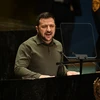 Tổng thống Ukraine Volodymyr Zelensky phát biểu tại Khóa họp thứ 78 Đại hội đồng Liên hợp quốc ở New York (Mỹ). (Ảnh: AFP/TTXVN)