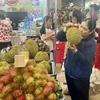 Du khách trong và ngoài tỉnh tham quan, mua sắm các đặc sản trai cây Long Khánh tại lễ hội. (Ảnh: Lê Xuân/TTXVN)
