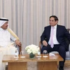 Thủ tướng Phạm Minh Chính tiếp đoàn doanh nghiệp do ông Sheikh Faisal bin Qassim Al Thani, Chủ tịch Hiệp hội Doanh nghiệp Qatar (QBA) dẫn đầu. (Ảnh: Dương Giang/TTXVN)