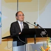 Chủ tịch Quốc hội Nguyễn Sinh Hùng phát biểu tại Phiên họp Toàn thể của Đại hội đồng IPU 130. (Ảnh: Nhan Sáng/TTXVN)