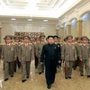 Lãnh đạo Triều Tiên Kim Jong-un đến tại Cung kỷ niệm Kumsusan ở Bình Nhưỡng, Triều Tiên, để vinh danh ông nội và người sáng lập của Bắc Triều Tiên, Kim Il-sung. (Nguồn: telegraph.co.uk)