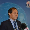 Cục trưởng Cục Tần số vô tuyến điện Đoàn Quang Hoan, Ủy viên Ủy ban Thể lệ Thông tin vô tuyến (RRB) thuộc ITU trả lời phỏng vấn. (Ảnh: Tố Uyên-Hoàng Long/Vietnam+)