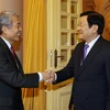 Chủ tịch nước Trương Tấn Sang tiếp ông Yutaka Aso, Chủ tịch Liên đoàn kinh tế vùng Kyushu của Nhật Bản. (Ảnh: Nguyễn Khang/TTXVN)