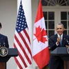 Tổng thống Mỹ Barack Obama (phải) và Thủ tướng Canada Justin Trudeau tại cuộc họp báo sau hội đàm. (Ảnh: THX/TTXVN)
