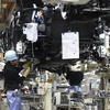 Công nhân hãng Toyota làm việc tại dây chuyền lắp ráp xe ôtô Lexus NX ở nhà máy Miyata thuộc Miyawaka, tỉnh Fukuoka ngày 8/8/2014. (Ảnh: AFP/TTXVN)