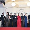 Chủ tịch Ban giám khảo Liên hoan Phim Cannes lần thứ 68 anh em nhà làm phim Mỹ Joel Coen (phải) và Ethan Coen (thứ 2 trái) chụp ảnh với các thành viên ban giám khảo tại lễ khai mạc. (Ảnh: AFP/TTXVN)