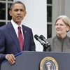 Tổng thống Barack Obama và bà Elizabeth Warren tại một cuộc họp báo ở Washington. (Ảnh: THX/TTXVN)