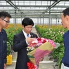 Đại sứ Việt Nam tại Nhật Bản Nguyễn Quốc Cường thăm trang trại trồng hoa ở Nhật Bản. (Ảnh: TTXVN)