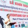 Ông Hà Anh Dân, Phó Bí thư Đảng ủy, đại diện Đại sứ quán Việt Nam tại Lào phát biểu tại lễ khai mạc. (Ảnh: Phạm Kiên/Vietnam+)