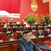 Nhà lãnh đạo Triều Tiên Kim Jong-un phát biểu tại Đại hội Đoàn thanh niên của nước này tối 28/8. (Ảnh: Yonhap/TTXVN)