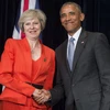 Tổng thống Barack Obama (phải) và Thủ tướng Anh Theresa May (trái) tại cuộc gặp ở Hàng Châu. (Ảnh: AFP/TTXVN)