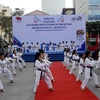 Các võ sinh Taekwondo đồng diễn tại "Chương trình hưởng ứng lễ xuất quân và đi bộ đồng hành cổ vũ Đoàn Thể thao Việt Nam tham dự SEA Games 29 - Malaysia 2017.” (Ảnh: Hoàng Hải/TTXVN)