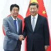 Thủ tướng Nhật Bản Shinzo Abe (trái) và Chủ tịch Trung Quốc Tập Cận Bình tại cuộc gặp ở thành phố Vladivostok của Nga ngày 12/9. (Ảnh: THX/TTXVN)