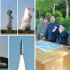 Nhà lãnh đạo Triều Tiên Kim Jong-un (giữa, ảnh phải) thị sát vụ phóng thử tên lửa đạn đạo tầm trung Pukguksong-2 tại tỉnh Pukchang, miền Tây Triều Tiên ngày 22/5/2017. (Ảnh: Yonhap/TTXVN)