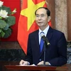 Chủ tịch nước Trần Đại Quang phát biểu tại buổi gặp mặt Đoàn đại biểu cán bộ, chiến sỹ Cảnh sát biển đồng hành cùng ngư dân. (Ảnh: Nhan Sáng/TTXVN) 