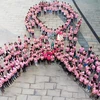 Xếp hình nơ hồng khổng lồ kêu gọi phụ nữ nâng cao nhận thức về bệnh ung thư vú. (Ảnh: TTXVN phát)