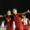Phan Văn Đức đánh đầu nâng tỉ số cho Đội tuyển Việt Nam lên 2-1 vào đầu hiệp 2. (Ảnh: Hoàng Linh/TTXVN)