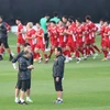 Huấn luyện viên Park Hang-seo trao đổi với huấn luyện viên thủ môn Nguyễn Đức Cảnh (trái) về phương án luyện tập chống bóng bổng cho các thủ môn. (Ảnh: Hoàng Linh/TTXVN)