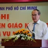 Ông Nguyễn Thiện Nhân, Ủy viên Bộ Chính trị, Bí thư Thành ủy Thành phố Hồ Chí Minh phát biểu chỉ đạo. (Ảnh: Thu Hoài/TTXVN)