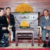 Quang cảnh buổi hội kiến của Chủ tịch Quốc hội Nguyễn Thị Kim Ngân với Chủ tịch Thượng viện Vương quốc Campuchia Samdech Say Chhum. (Ảnh: Trọng Đức/TTXVN)
