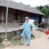 Cơ quan chức năng huyện Tam Đường tiến hành phun thuốc khử trùng, tiêu độc xung quanh gia đình phát hiện dịch bùng phát. (Ảnh: Công Tuyên/TTXVN)