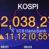 Bảng tỷ giá chứng khoán trong một phiên tại ngân hàng Hana ở thủ đô Seoul của Hàn Quốc. (Ảnh: Yonhap/TTXVN)