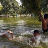 Trẻ em bơi lội để tránh nắng nóng tại New Delhi của Ấn Độ. (Ảnh: THX/TTXVN)