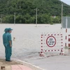 Lực lượng chức năng trực chốt tại khu vực cấm người dân qua tuyến đường DT642 thị trấn La Hai, huyện Đồng Xuân bị ngập do nước lũ. (Ảnh: Phạm Cường)