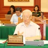 Tổng Bí thư, Chủ tịch nước Nguyễn Phú Trọng, Bí thư Quân ủy Trung ương phát biểu kết luận buổi làm việc với Ban Thường vụ Quân ủy Trung ương. (Ảnh: Trí Dũng/TTXVN)