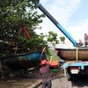 Phương tiện đánh bắt thủy sản của ngư dân Đà Nẵng được đưa vào sâu đất liền để tránh bão số 9. (Ảnh: Trần Lê Lâm/TTXVN)