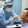 Nhân viên y tế lấy mẫu dịch xét nghiệm COVID-19 cho người dân tại Singapore ngày 30/10 vừa qua. (Ảnh: AFP/TTXVN)