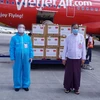 Lô hàng khẩu trang y tế do Việt Nam trao tặng Myanmar tại sân bay quốc tế Yangon ngày 15/10 vừa qua. (Ảnh: TTXVN phát)