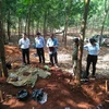 Đơn vị K72 đang cất bốc 6 bộ hài cốt tìm thấy trong ngày 29/3 tại khu rừng cao su thuộc ấp Măng Cải, xã Lộc Thiện, huyện biên giới Lộc Ninh, tỉnh Bình Phước. (Ảnh: TTXVN phát)