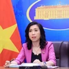 Người phát ngôn Bộ Ngoại giao Lê Thị Thu Hằng chủ trì họp báo. (Ảnh: Lâm Khánh/TTXVN)
