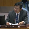 Đại sứ, Trưởng phái đoàn Việt Nam tại Liên hợp quốc Đặng Đình Quý phát biểu tại phiên họp. (Ảnh: Khắc Hiếu/TTXVN)