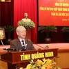 Tổng Bí thư Nguyễn Phú Trọng phát biểu tại buổi làm việc với Ban Thường vụ Tỉnh ủy và lãnh đạo chủ chốt tỉnh Quảng Ninh. (Ảnh: Trí Dũng/TTXVN)