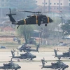 Trực thăng quân sự tại căn cứ Humphreys của Mỹ ở Pyeongtaek, Hàn Quốc khi hai nước khởi động cuộc tập trận chung mùa Xuân, ngày 18/4. (Ảnh: Yonhap/TTXVN)