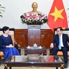 Bộ trưởng Ngoại giao Bùi Thanh Sơn tiếp bà Chea Kimtha, Đại sứ Đặc mệnh toàn quyền Vương quốc Campuchia đến chào nhân dịp nhận nhiệm vụ công tác tại Việt Nam. (Ảnh: TTXVN phát)