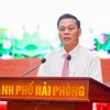Chủ tịch UBND thành phố Hải Phòng Nguyễn Văn Tùng phát biểu tại Hội nghị. (Ảnh Minh Huệ/TTXVN)