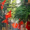 Khắp các con phố, ngõ nhỏ đều treo cờ Tổ quốc trong không gian yên bình của ngày Tết Độc lập. (Ảnh: Khánh Hòa/TTXVN)