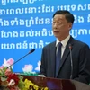 Chủ tịch Liên hiệp các Tổ chức Hữu nghị tỉnh Đồng Tháp Lê Xuân Hải phát biểu tại lễ kỷ niệm. (Ảnh: Nhựt An/TTXVN)